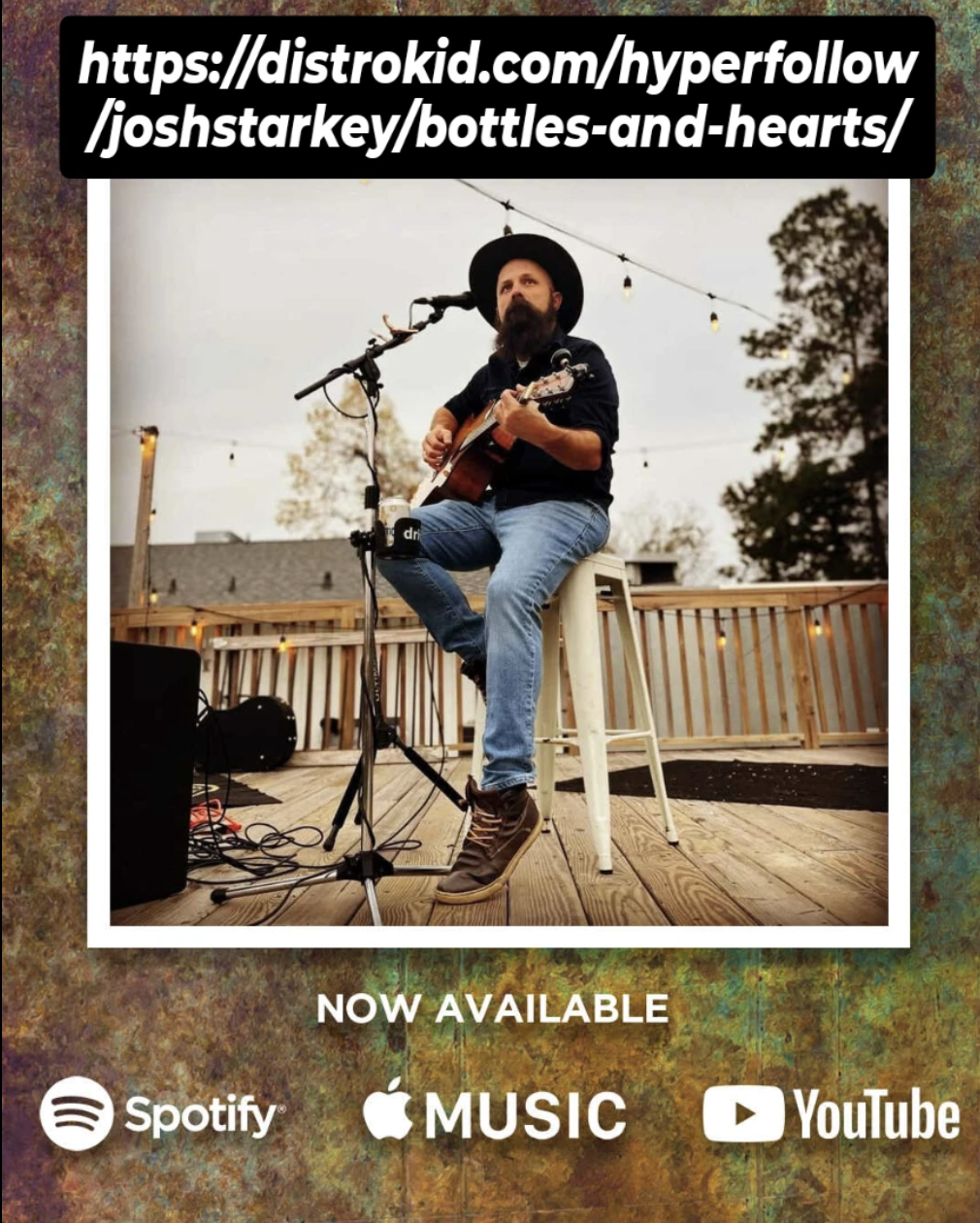 Musician seated on a stool playing acoustic guitar and singing into a microphone on an outdoor wooden deck with string lights overhead, surrounded by trees and houses. Text at the top reads https://distrokid.com/hyperfollow/joshstarkey/bottles-and-hearts/. Text at the bottom reads Now Available Spotify Music YouTube. The atmosphere is warm and inviting, suggesting a relaxed live performance.